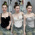 Three images of a woman wearing different tank tops and a denim skirt.